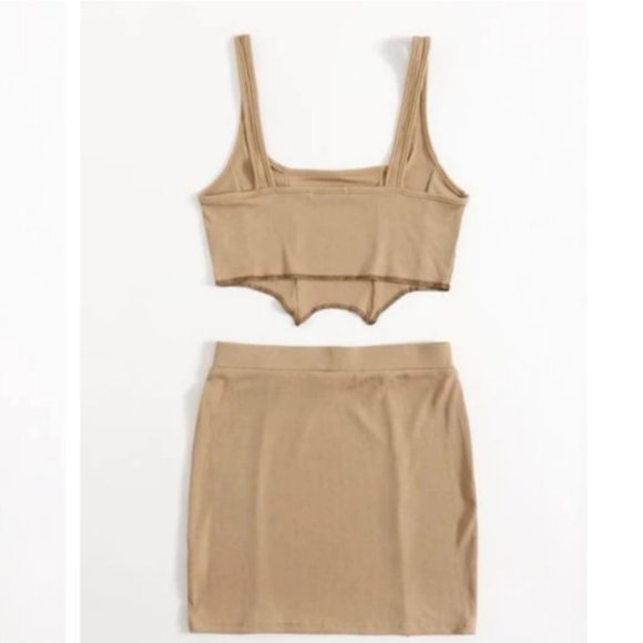 Matching Two Piece Rib Crop top mini skirt set Medium mocha brown tan beige 2 pc - Picture 2 of 2